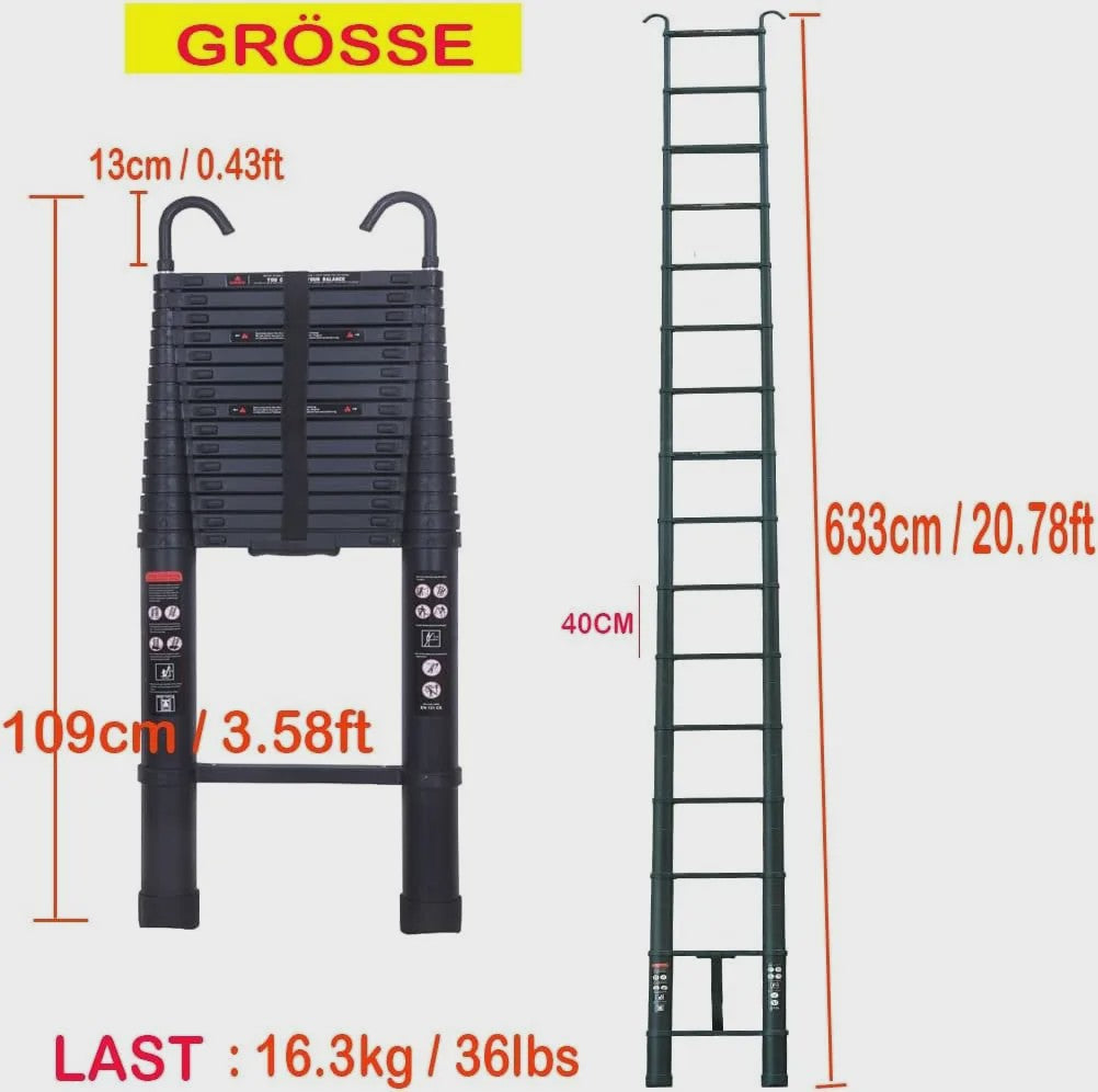 6.2M Telescopische Ladder met Haken - Aluminium, Inklapbaar, 150kg EN131