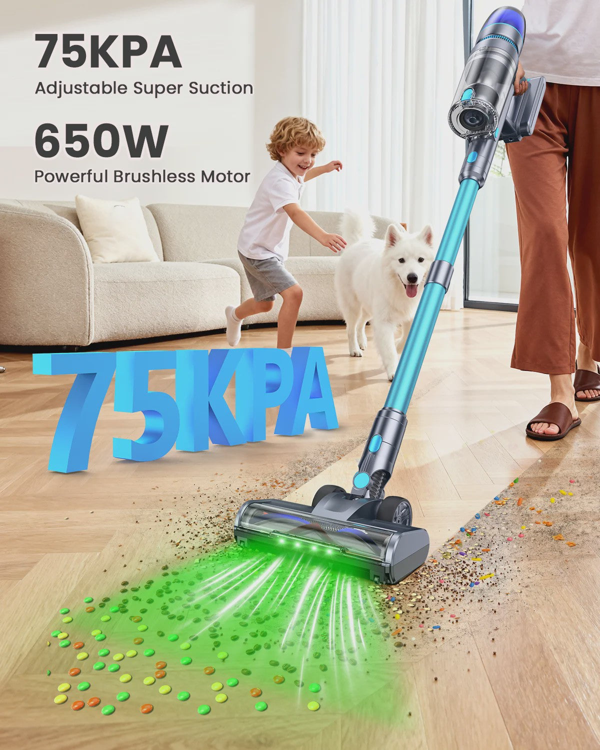 Homore NH007 Krachtige Snoerloze Steelstofzuiger - 650W, 75KPA, LED Verlichting & Zelfstandig Staand