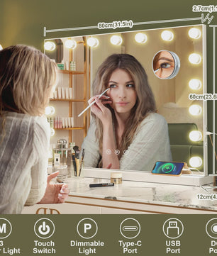 Hollywood Make-up Spiegel met 14/17 LED Lampjes - 3 Kleuren, Dimbaar, USB & Touch Control