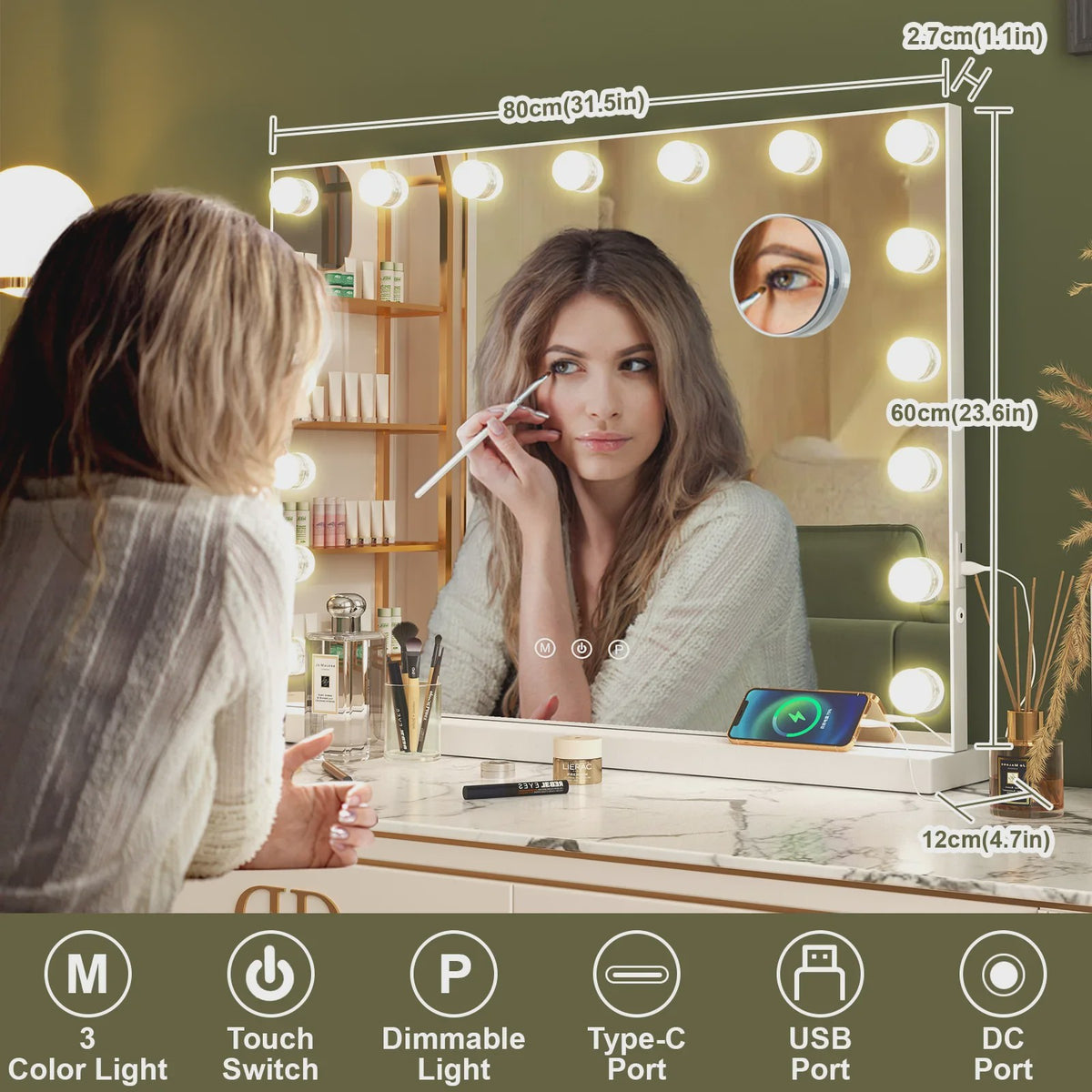 Hollywood Make-up Spiegel met 14/17 LED Lampjes - 3 Kleuren, Dimbaar, USB & Touch Control