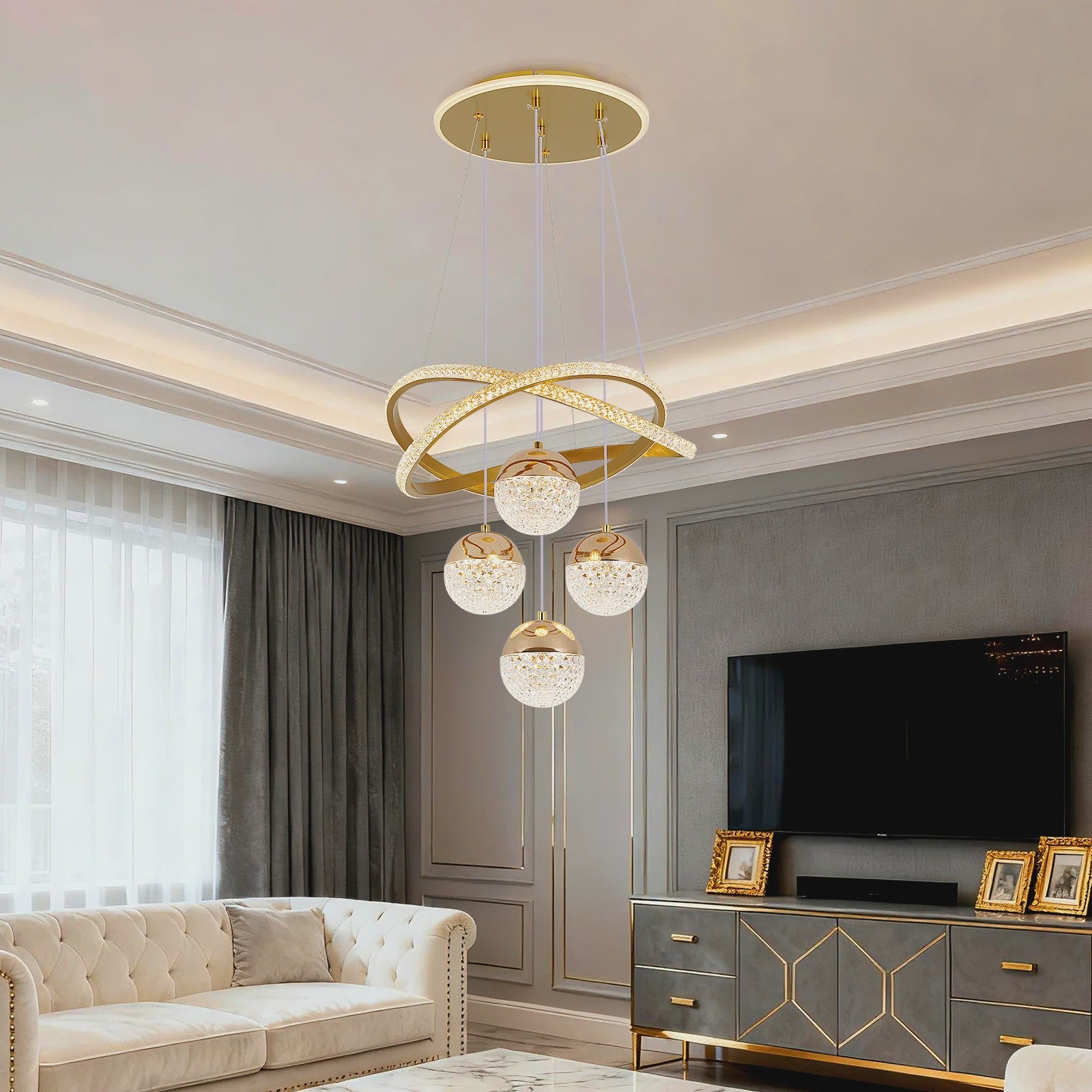 Moderne LED Plafondlamp Goud - Drie Kleuren Licht - Verstelbare Hanglamp voor Woonkamer & Eetkamer