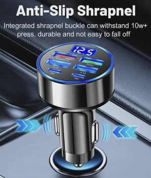 6-in-1 Auto Oplader: Super Snel Laden met 4 USB & 2 USB-C Poorten en Digitale Voltage Monitor