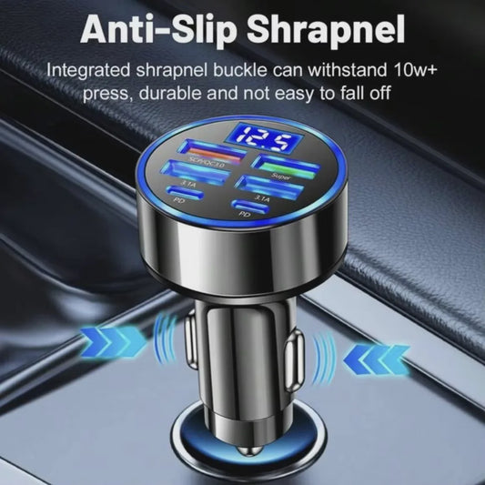 6-in-1 Auto Oplader: Super Snel Laden met 4 USB & 2 USB-C Poorten en Digitale Voltage Monitor