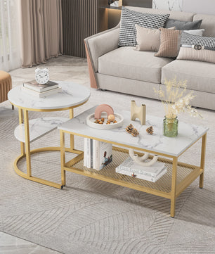 Set van 2 Moderne Salontafels met Marmerlook Blad en Stalen Onderstel