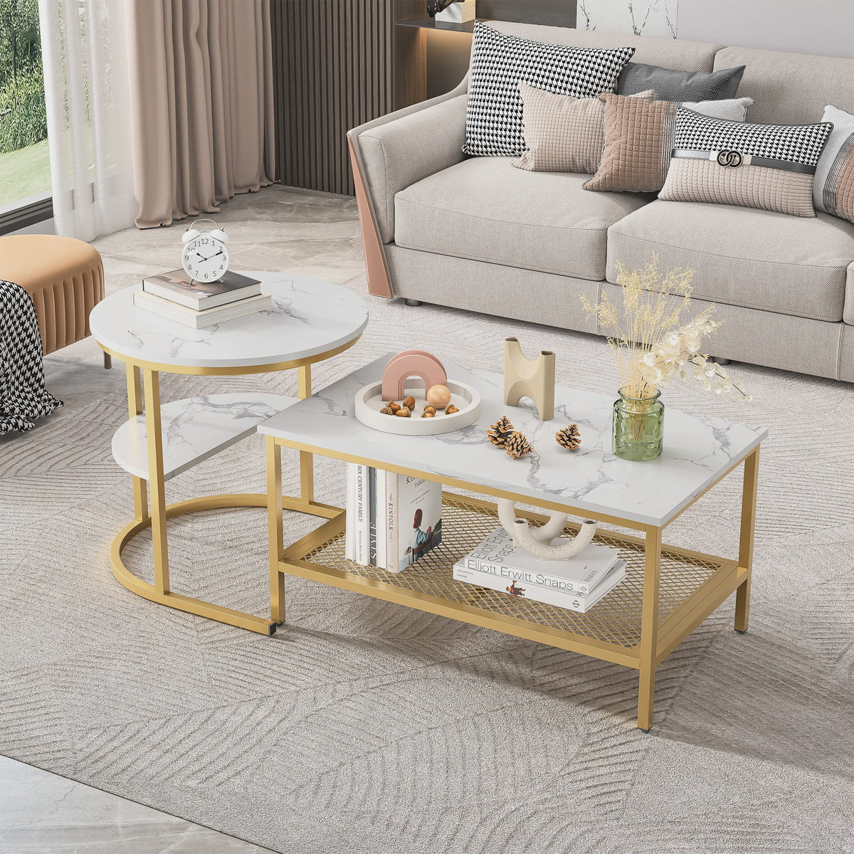 Set van 2 Moderne Salontafels met Marmerlook Blad en Stalen Onderstel