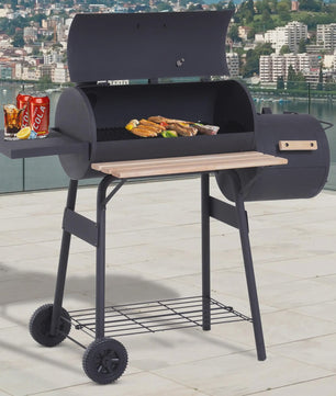 Outsunny Charcoal Smoker BBQ Grill met Thermometer, Wielen en Zijplanken - Zwart