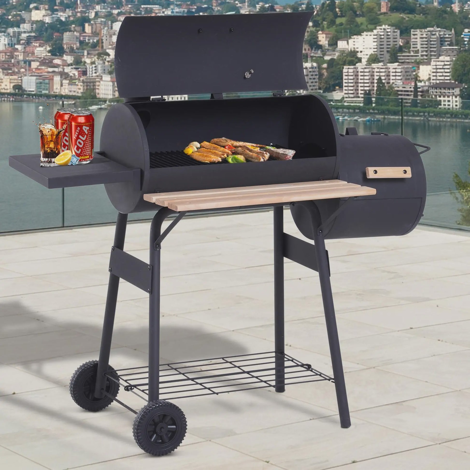 Outsunny Charcoal Smoker BBQ Grill met Thermometer, Wielen en Zijplanken - Zwart