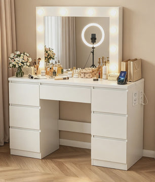 Witte Kaptafel met LED Spiegel, 8 Lades & Ingebouwd Stopcontact