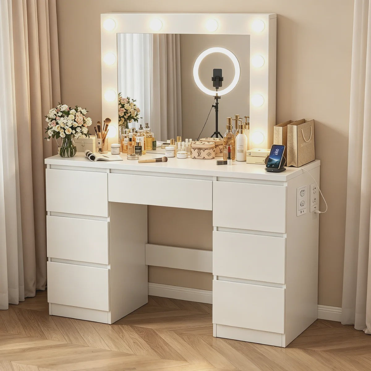Witte Kaptafel met LED Spiegel, 8 Lades & Ingebouwd Stopcontact