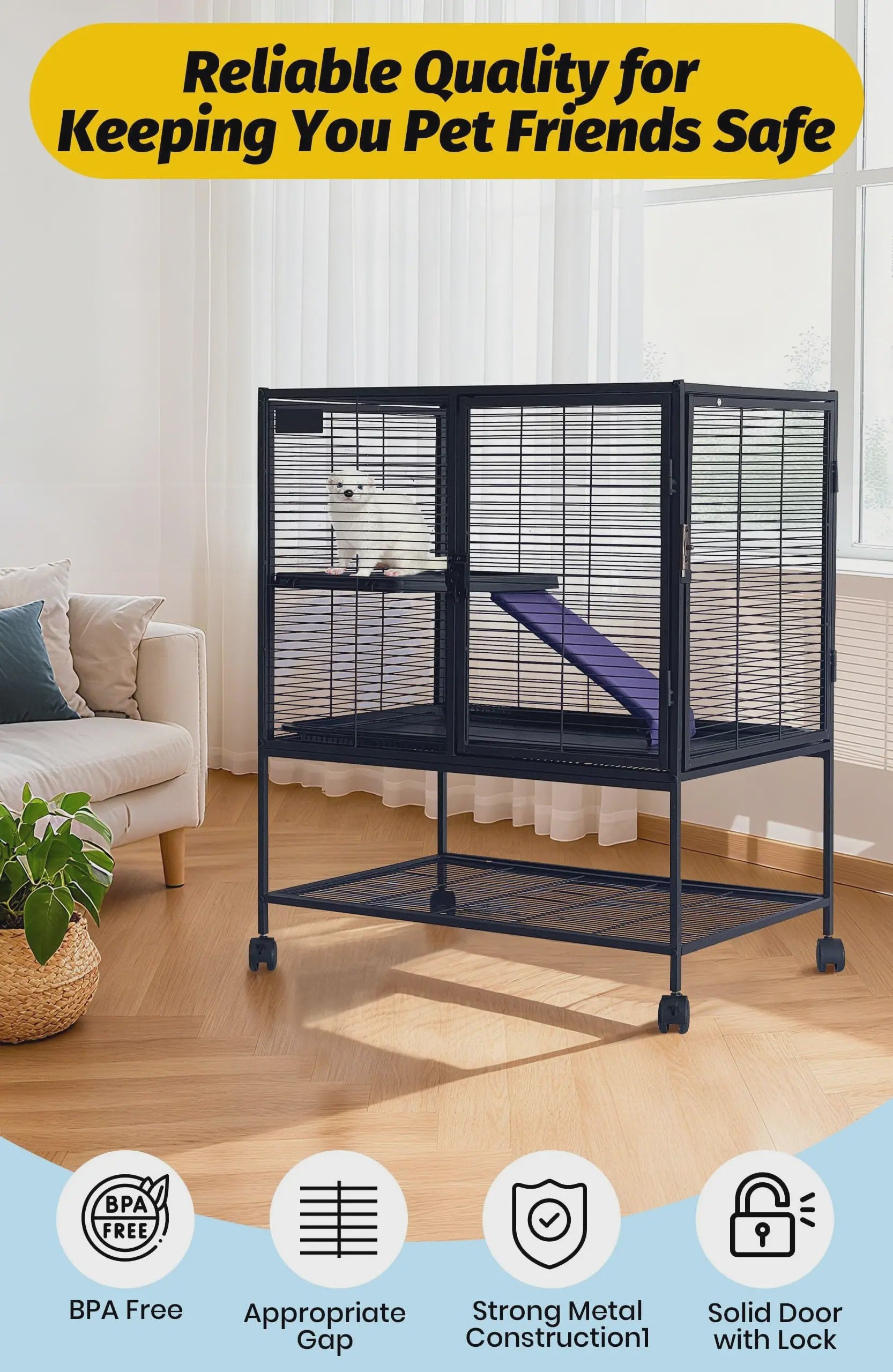 Ruime Multi-Level Kooi voor Kleine Dieren - 91 cm Hoog, Met Plateaus, Helling & Opbergruimte