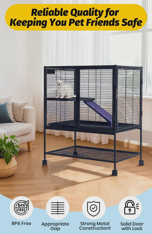Ruime Multi-Level Kooi voor Kleine Dieren - 91 cm Hoog, Met Plateaus, Helling & Opbergruimte