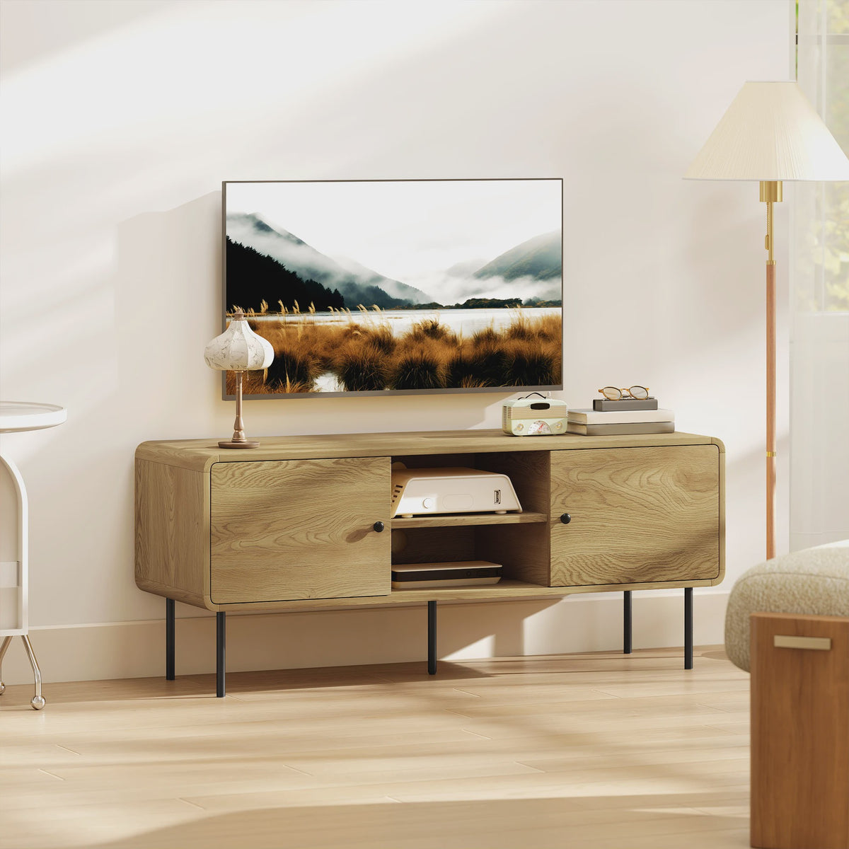Moderne TV Meubel 120cm Eikenhout Look met Afgeronde Hoeken en Kabelmanagement - Geschikt voor TV's tot 55 Inch
