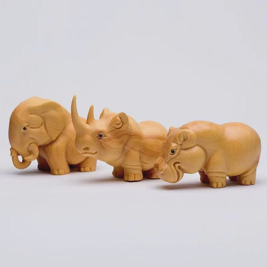 Houten Miniatuur Beeldjes: Olifant, Neushoorn & Nijlpaard - Sfeervolle Huisdecoratie