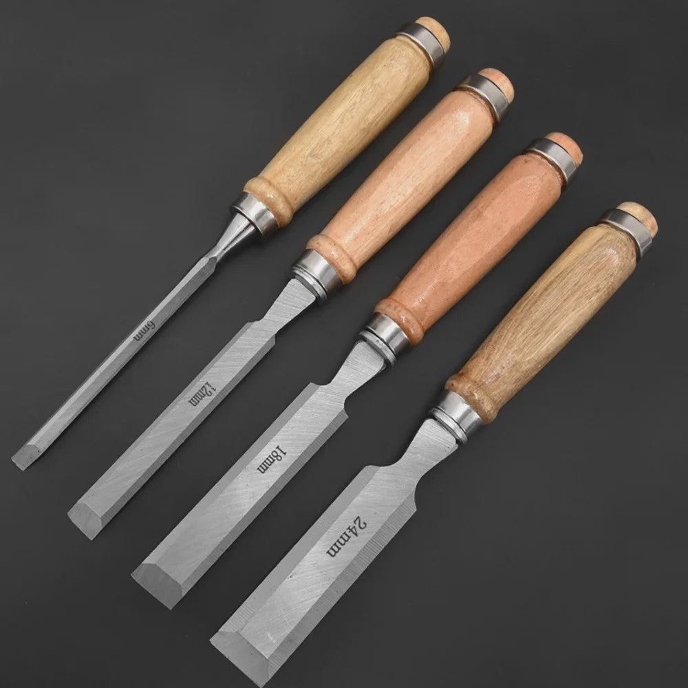 Professionele Houtsnijbeitel Set (4 stuks) - 6/12/18/24mm, Chroom-Vanadium Staal met Beukenhouten Handvatten