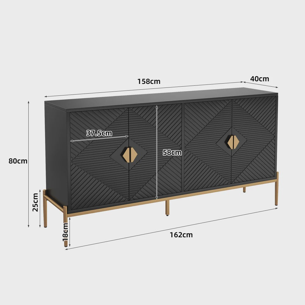 Moderne Minimalistische Buffetkast Sideboard - Zwart met Gouden Accent, 162x40x80cm