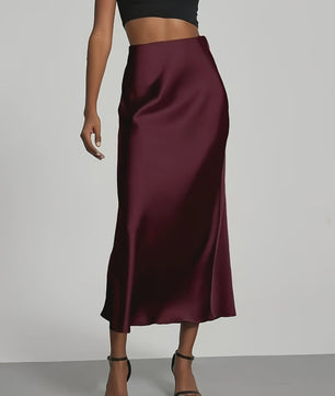 Elegante Satin Midi Rok met Hoge Taille en Draping - Veelzijdig & Chic