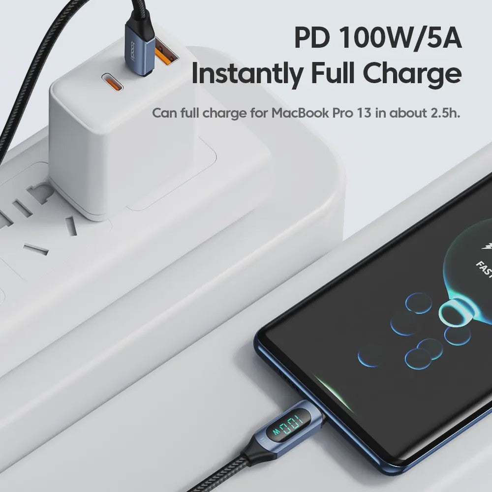 Toocki USB-C naar USB-C Kabel 100W PD Fast Charging met Digitaal Display