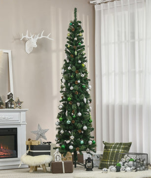 HOMCOM Kunstkerstboom 225 cm Groen Potloodmodel met Dennenkegels