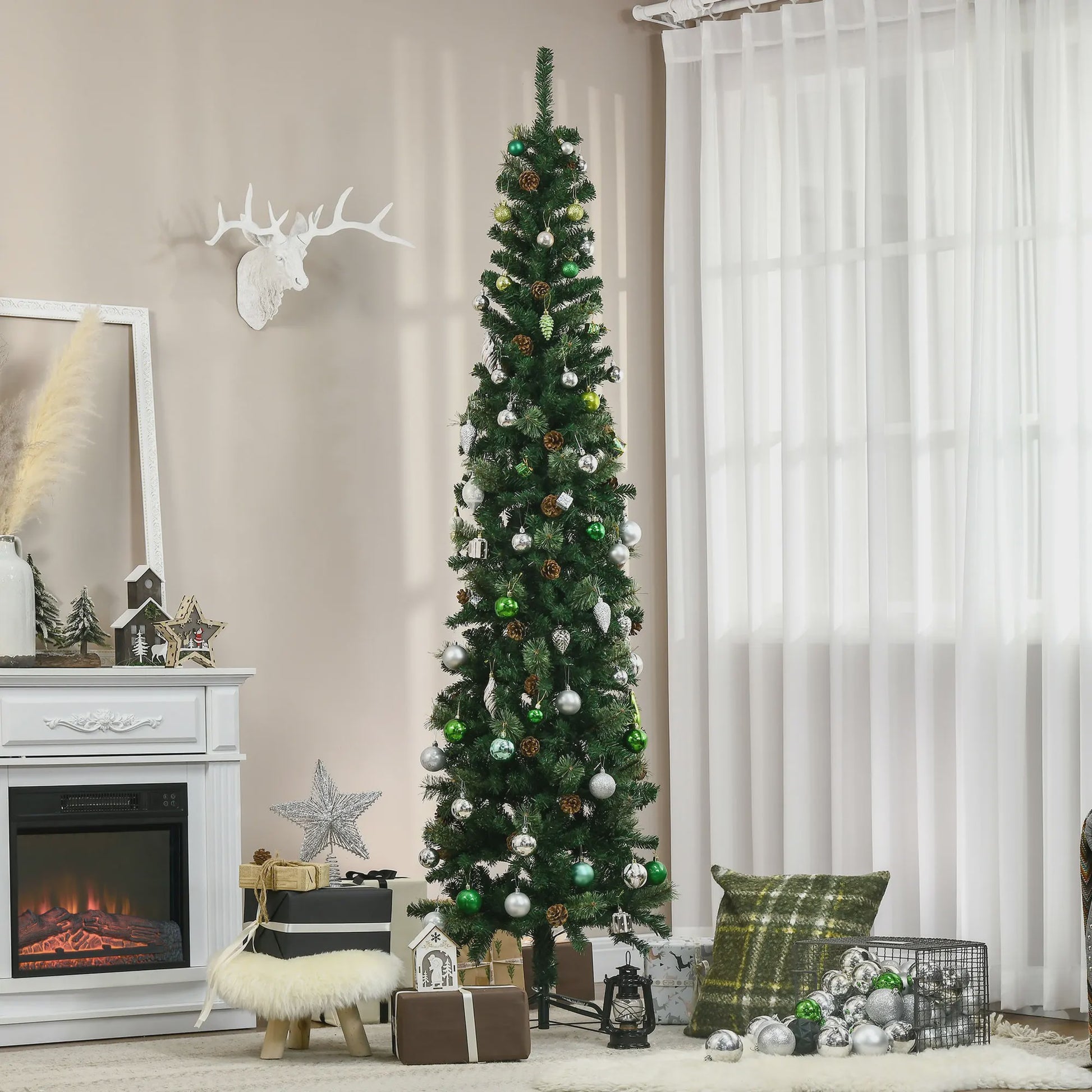 HOMCOM Kunstkerstboom 225 cm Groen Potloodmodel met Dennenkegels