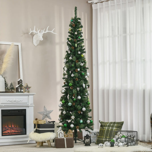HOMCOM Kunstkerstboom 225 cm Groen Potloodmodel met Dennenkegels