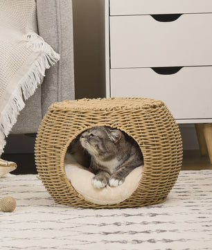 PawHut Kattenmand Niche Rond Rotin PE met Zacht Kussen - Ø 40x30 cm Lichtbruin