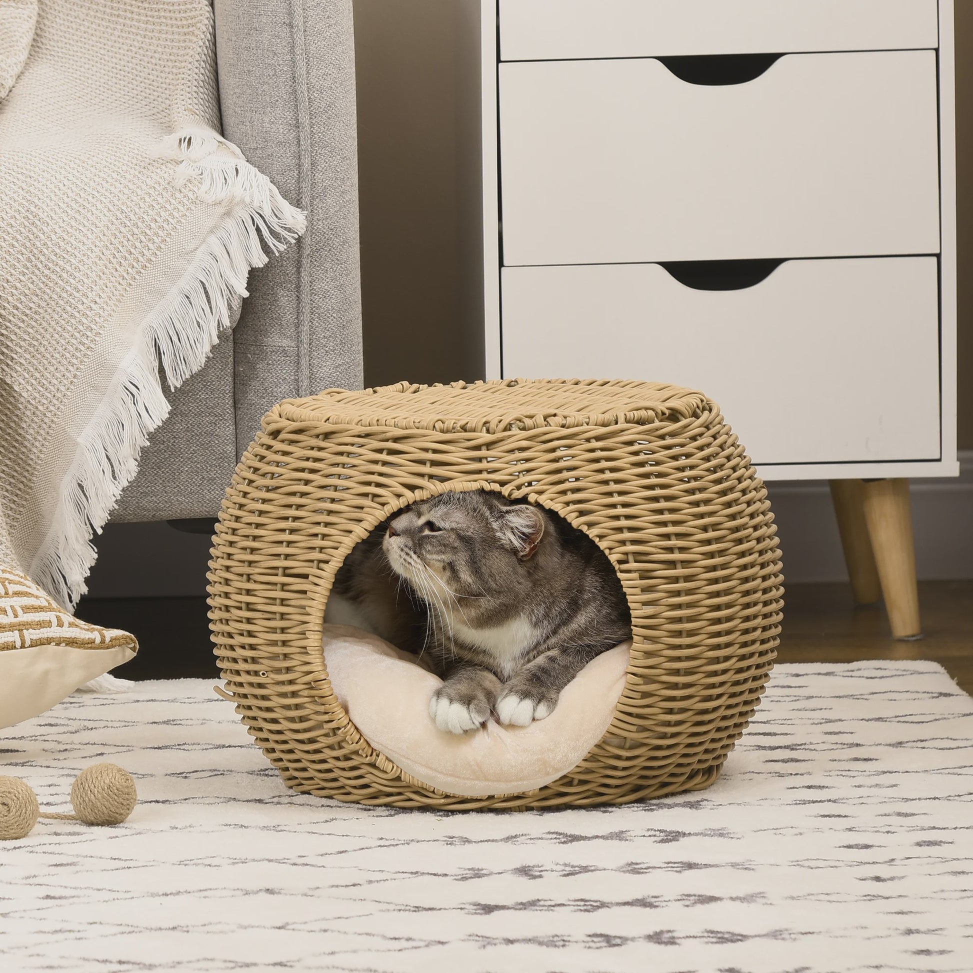 PawHut Kattenmand Niche Rond Rotin PE met Zacht Kussen - Ø 40x30 cm Lichtbruin