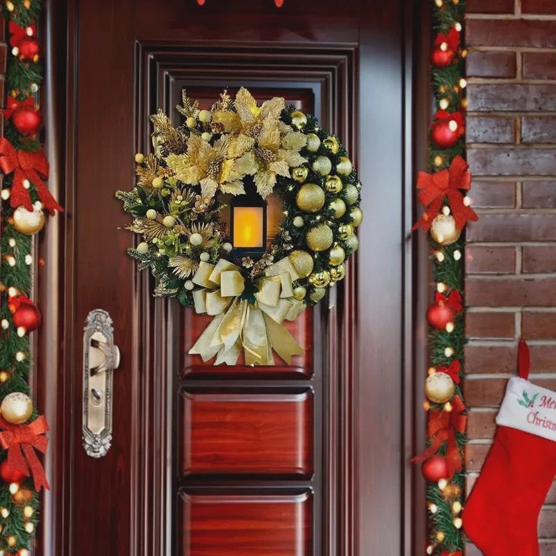 30cm Kerstkrans met Lantaarn en Grote Strik - Decoratieve Deurkrans voor de Feestdagen