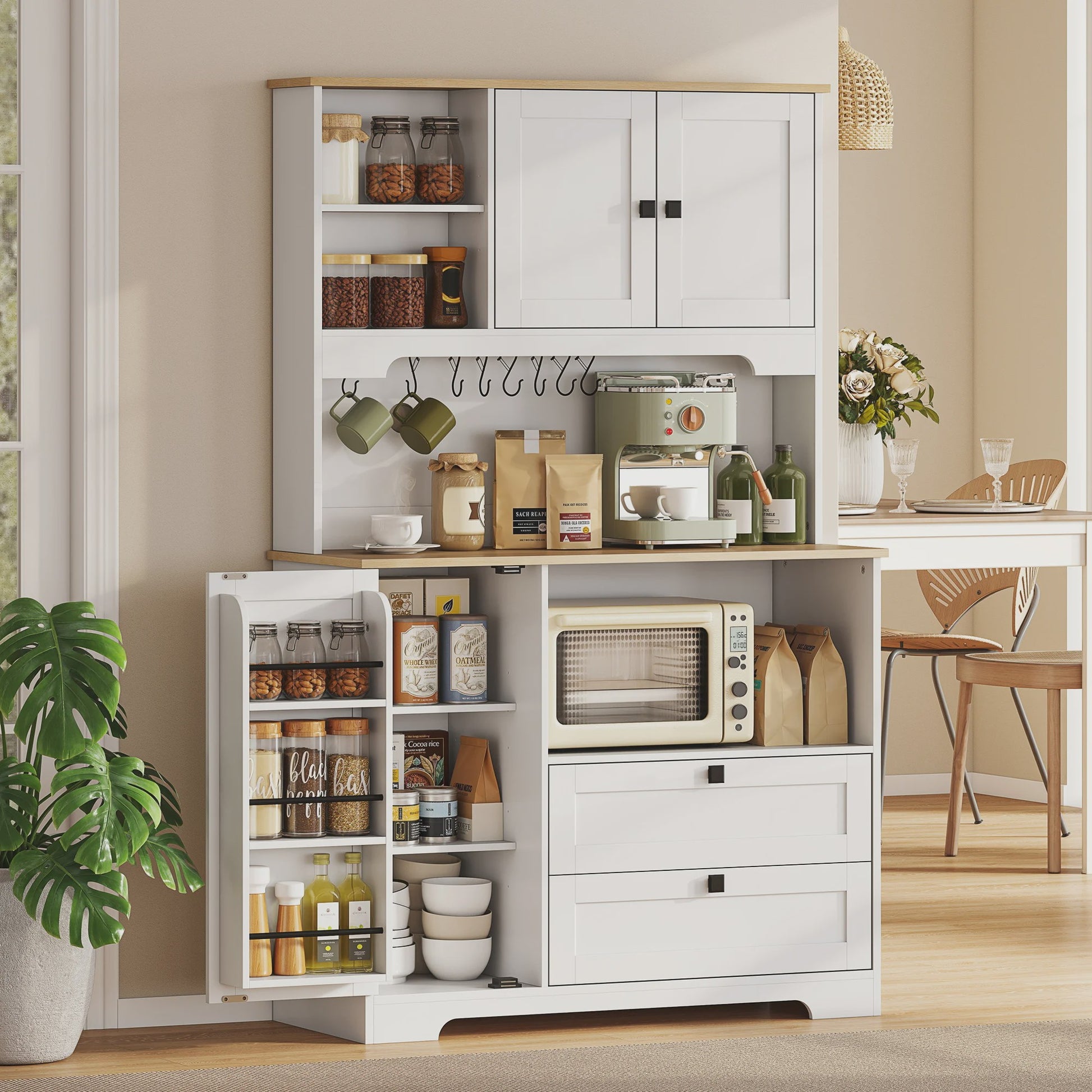 Homcom Keuken Serveertafel met 3 Deuren, 2 Lades en 8 Haken - Wit