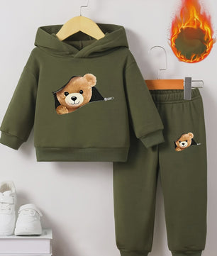 Schattige Baby Jongens Set: Fleece Sweater met Beerprint en Joggingbroek