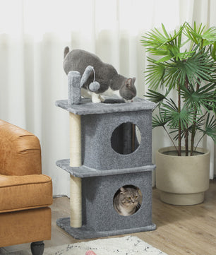 PawHut 3 Tier cat Tree Height 80 cm, Catchered Barb for Cats with 2 niches and Comfortable Roing surface, removable ball, sisal post and soft Plush, for animal 5 kg dark gray