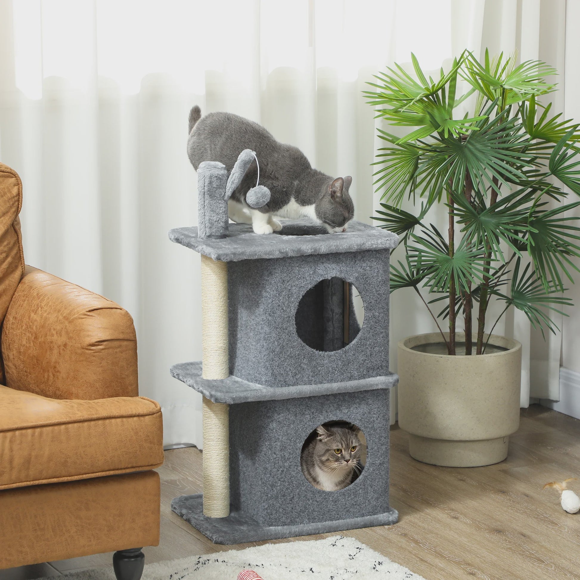 PawHut 3 Tier cat Tree Height 80 cm, Catchered Barb for Cats with 2 niches and Comfortable Roing surface, removable ball, sisal post and soft Plush, for animal 5 kg dark gray