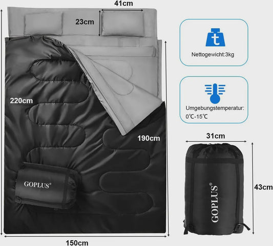 2-in-1 Slaapzak XL voor 2 Personen | Dubbel of Twee Enkele Slaapzakken | Inclusief 2 Kussens | 220x150cm