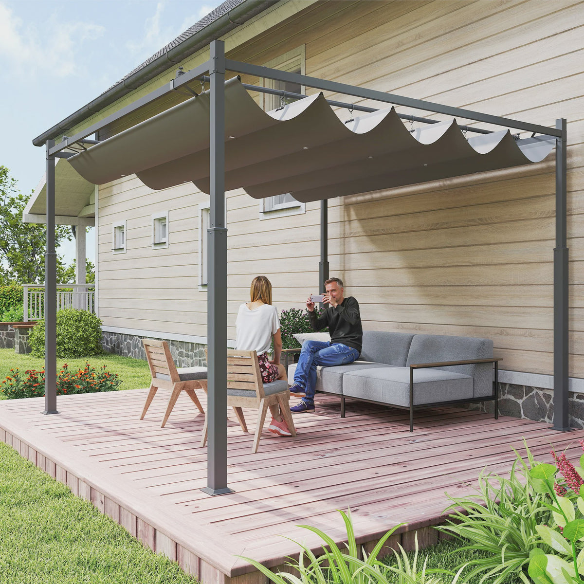 Outsunny Tuinpergola 3x3m met Intrekbaar Dak - Grijze Kleur
