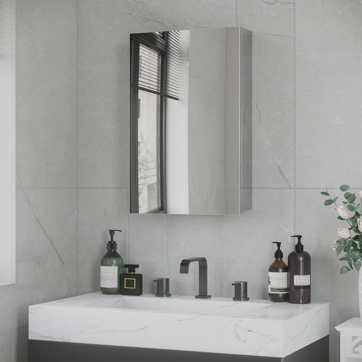 RVS Spiegelkast Badkamer met 1 Deur en 2 Legplanken - 39x12x60 cm