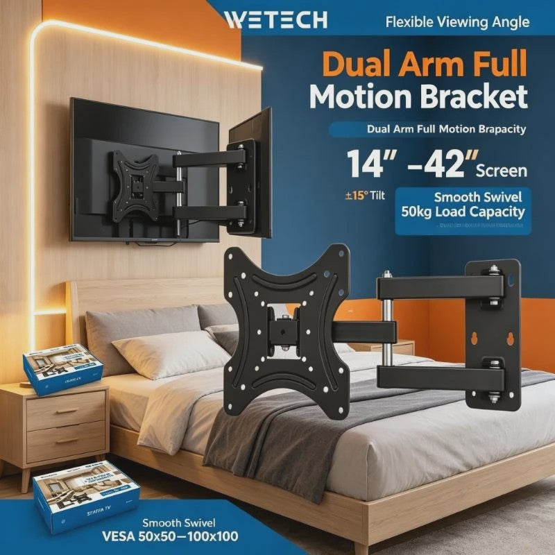 WETECH W5522 Universele Full Motion TV Muurbeugel met Dubbele Arm voor 14-42" Schermen, 50kg Draagvermogen, VESA 50-100mm