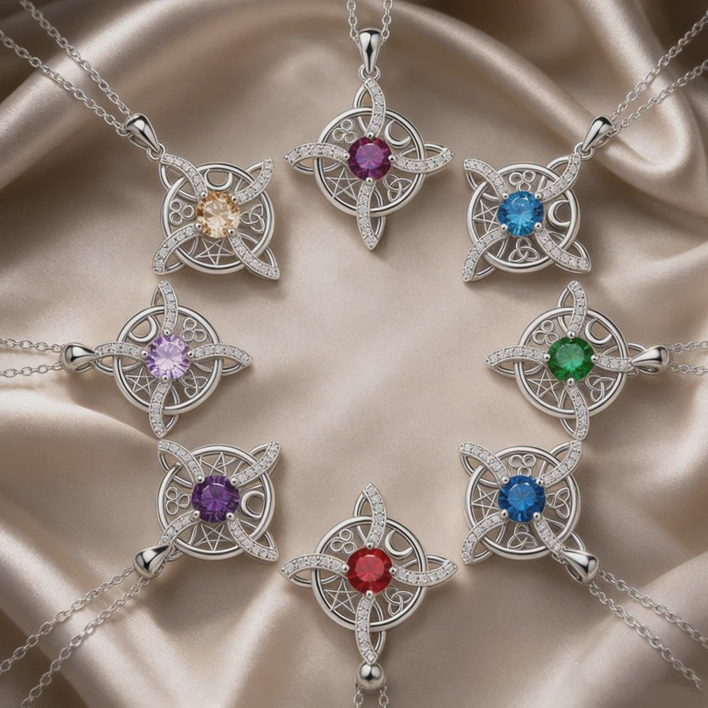 Mystieke Wicca Knoop Ketting met Kristal en Geboortesteen - Ster Maan Amulet