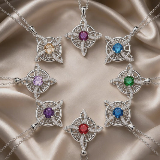 Mystieke Wicca Knoop Ketting met Kristal en Geboortesteen - Ster Maan Amulet
