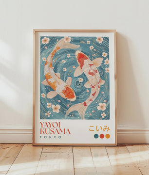 Japanse Kunst Poster: Yayoi Kusama Stijl Vliegende Kraanvogels & Koi Vissen