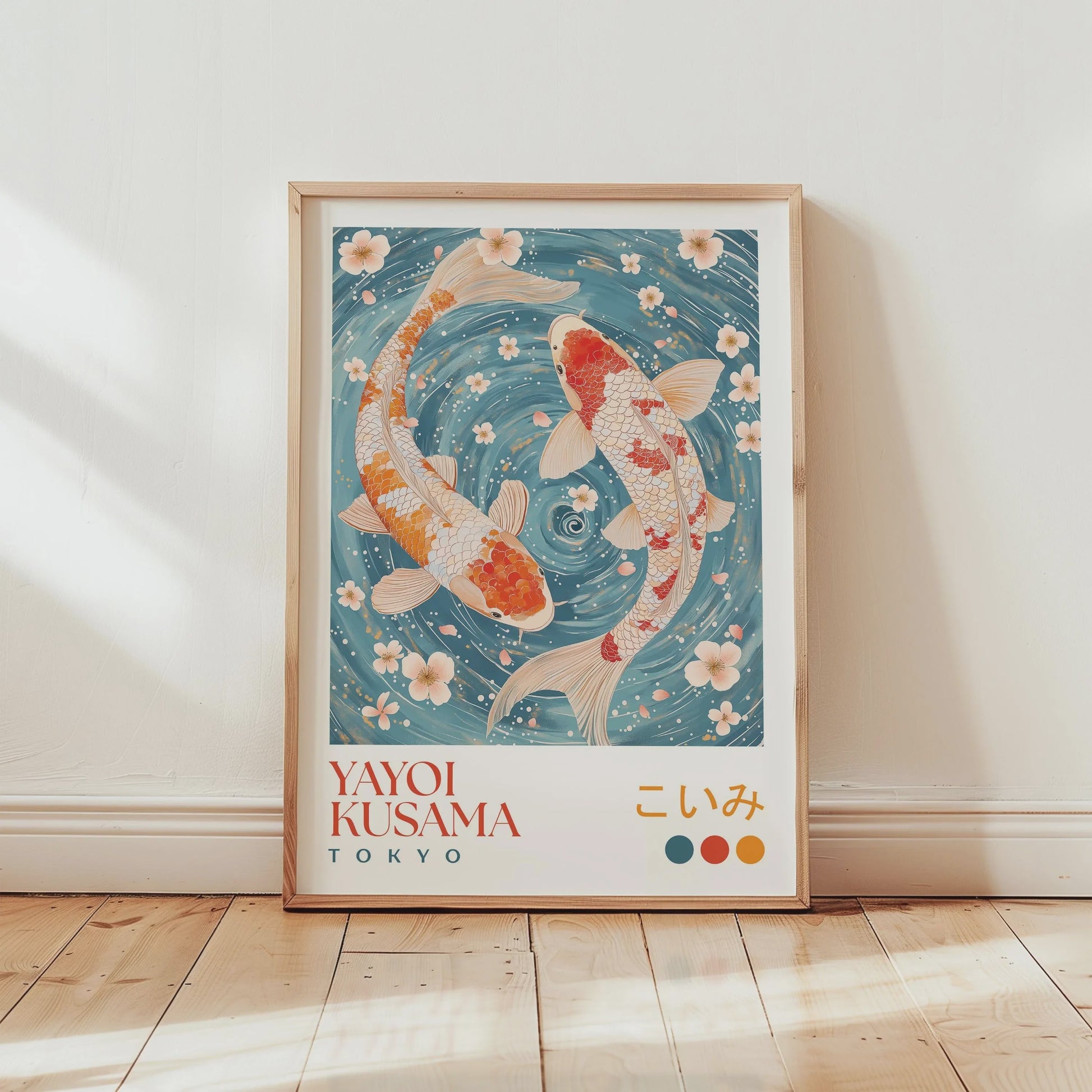 Japanse Kunst Poster: Yayoi Kusama Stijl Vliegende Kraanvogels & Koi Vissen