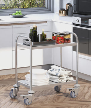 RVS Serveertrolley met 2 Plateaus en Wielen - 80x45x82 cm