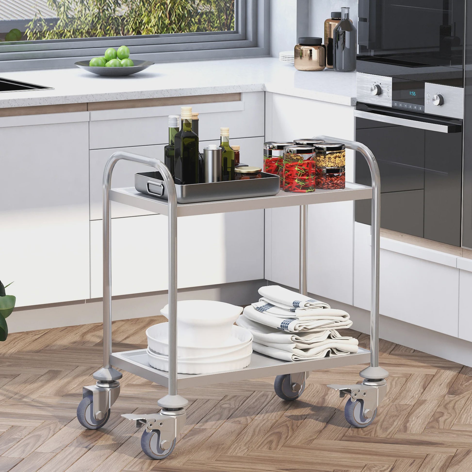 RVS Serveertrolley met 2 Plateaus en Wielen - 80x45x82 cm
