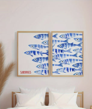 Retro Blauwe Sardine Canvas Poster - Mediterrane Stijl Wanddecoratie