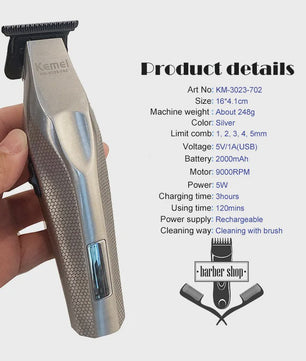 Kemei KM-3023-702 Professionele Draadloze Trimmer - 0MM Precisie, Krachtige 9000RPM Motor, LCD Display