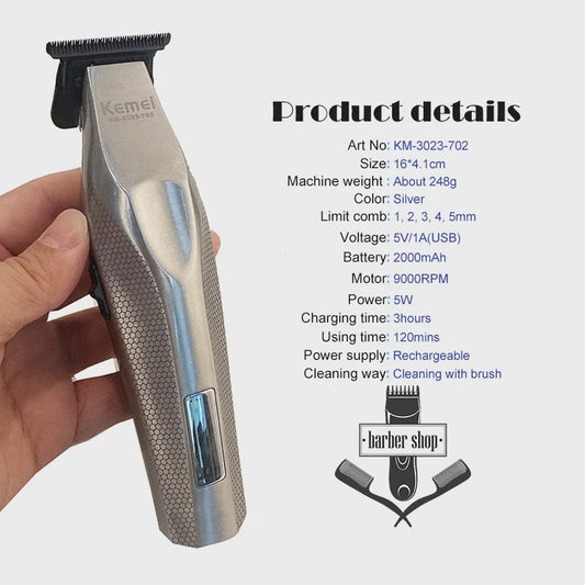Kemei KM-3023-702 Professionele Draadloze Trimmer - 0MM Precisie, Krachtige 9000RPM Motor, LCD Display
