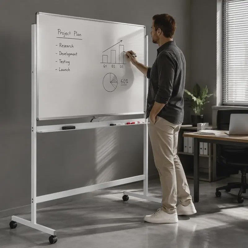 Mobiel Dubbelzijdig Magnetisch Whiteboard met Wieltjes, Pennen & Gum - 120x60cm