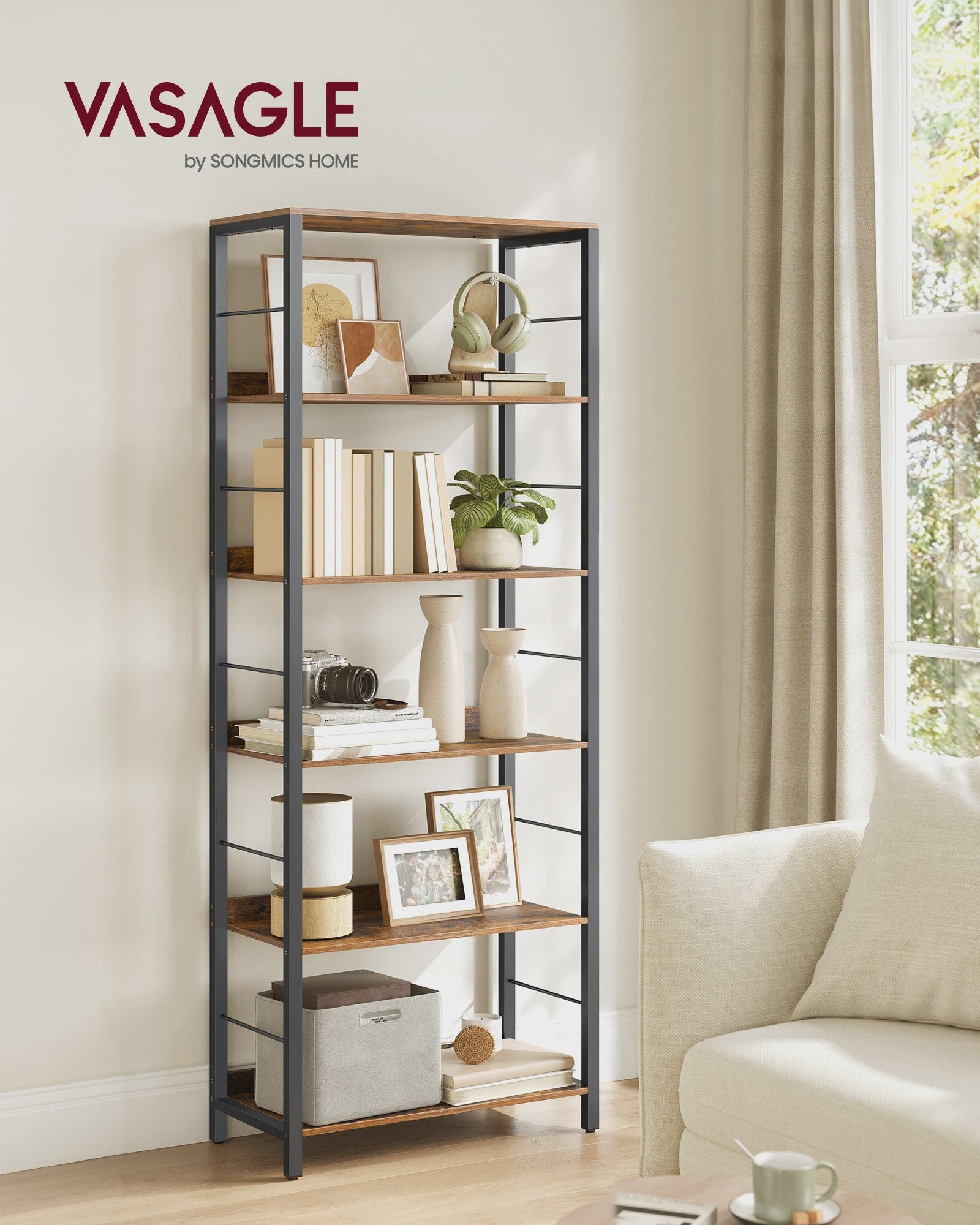 VASAGLE Hoge Boekenkast met 6 Planken - Stijlvolle Opbergkast met Metalen Frame