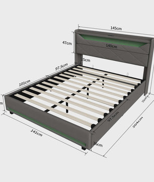 Luxe Boxspring Bed met Opbergruimte, LED Verlichting en USB - Grijs Linnen