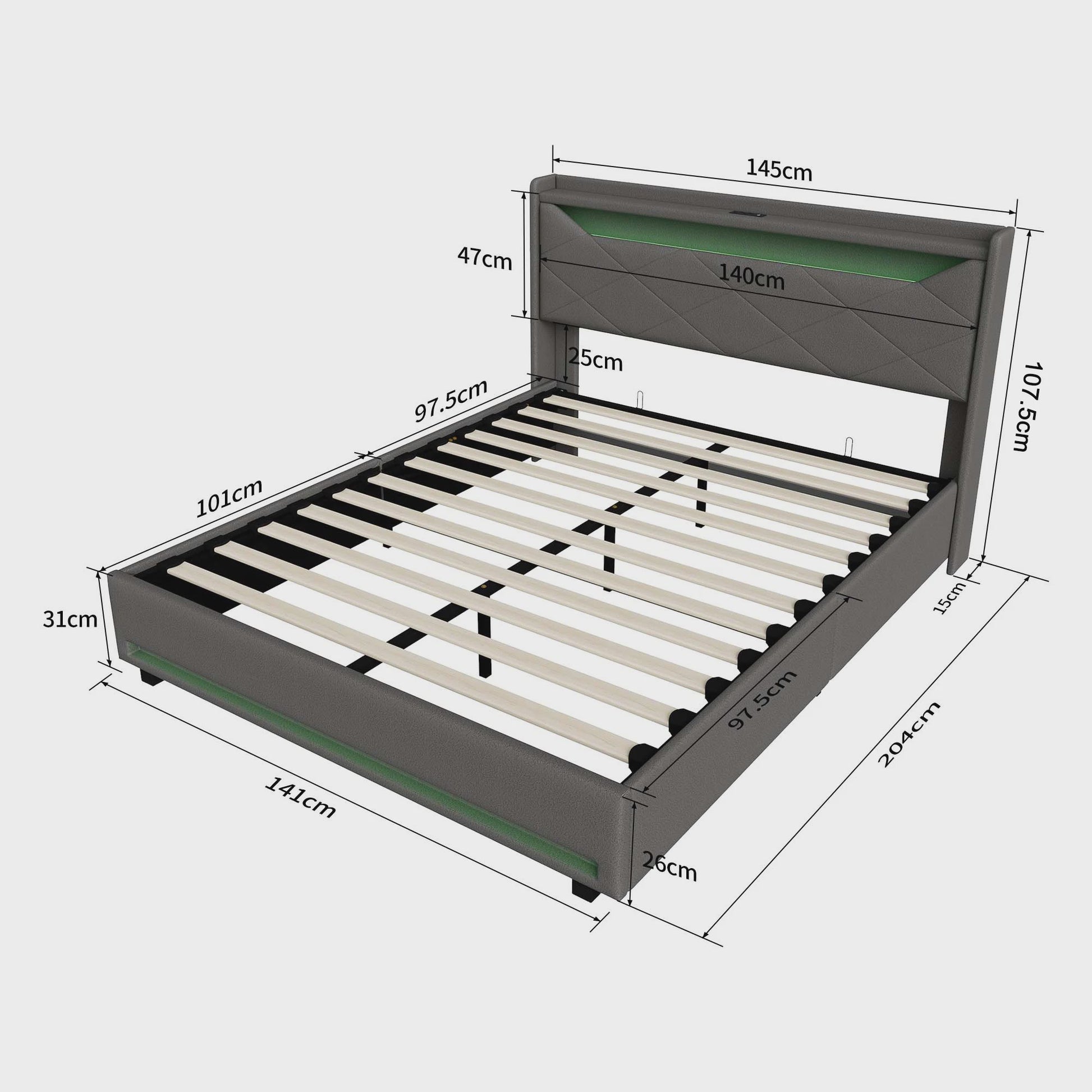 Luxe Boxspring Bed met Opbergruimte, LED Verlichting en USB - Grijs Linnen