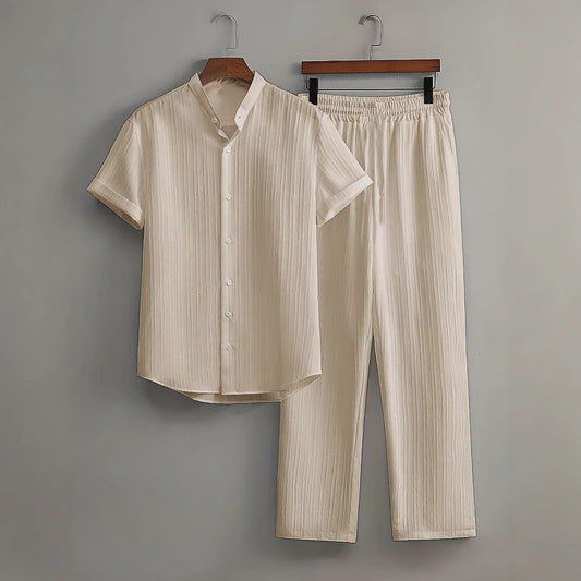 Zomerse Heren Tweedelige Set: Luchtig Linnen Look Shirt met Broek