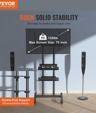 Verrijdbare TV Standaard met Dubbele Legplank en Hoogteverstelling - 32-70 inch